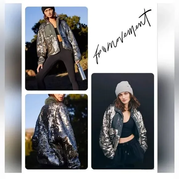 Fp Movement Free People Hit The Slopes Jacket silver sequin fleece bomber XL
